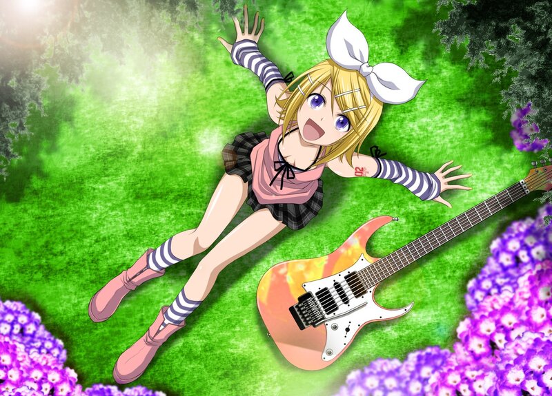 Anime girl with guitar on grass