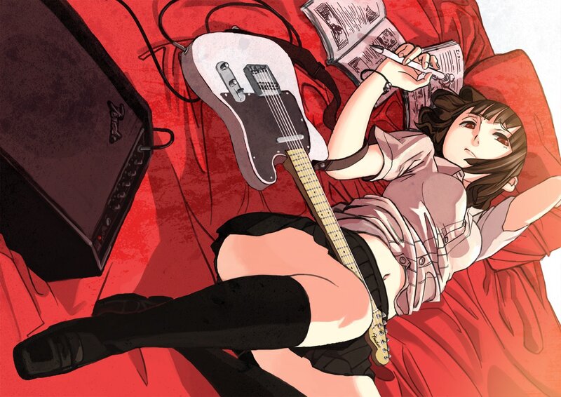 Anime girl with guitar on red bed