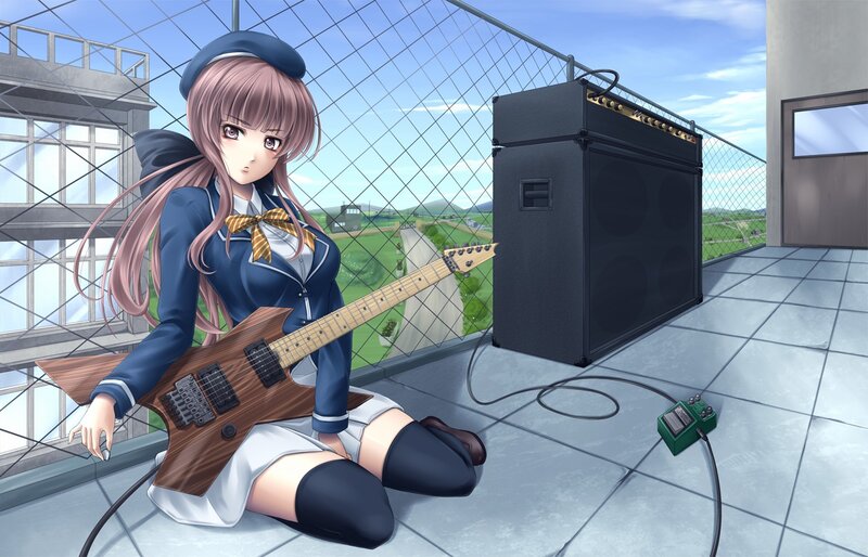 anime girl with guitar on rooftop