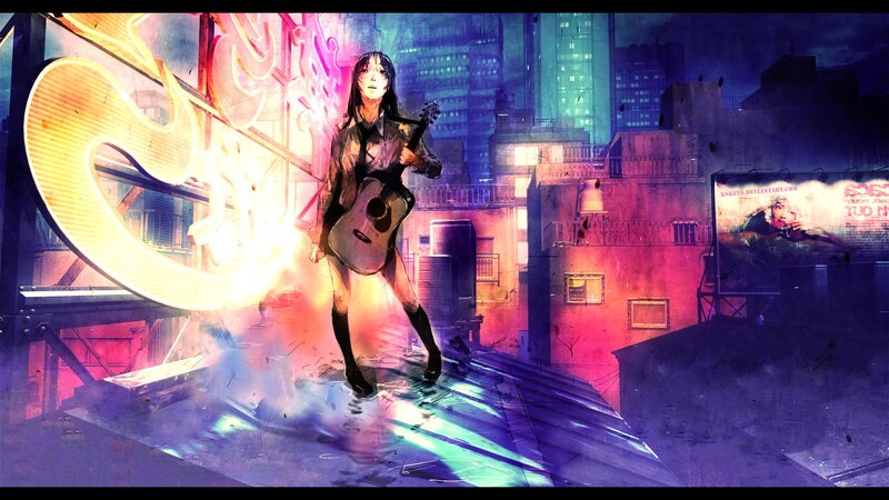 Anime girl with guitar on rooftop