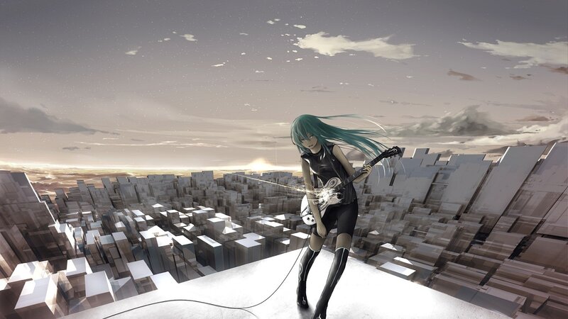 Anime girl with guitar on rooftop