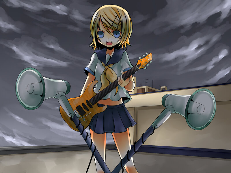 anime girl with guitar on rooftop