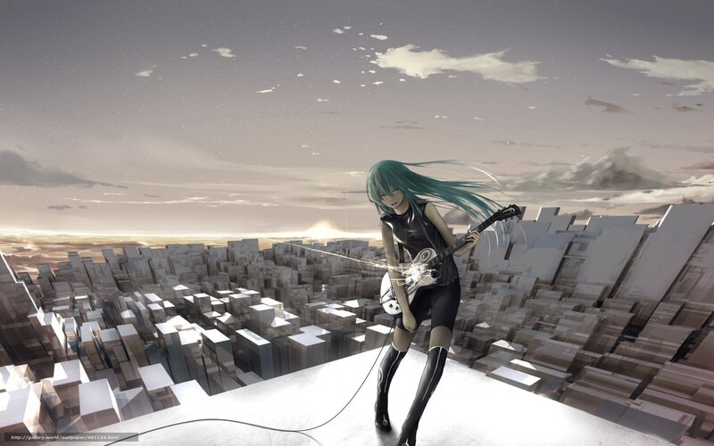 anime girl with guitar on rooftop