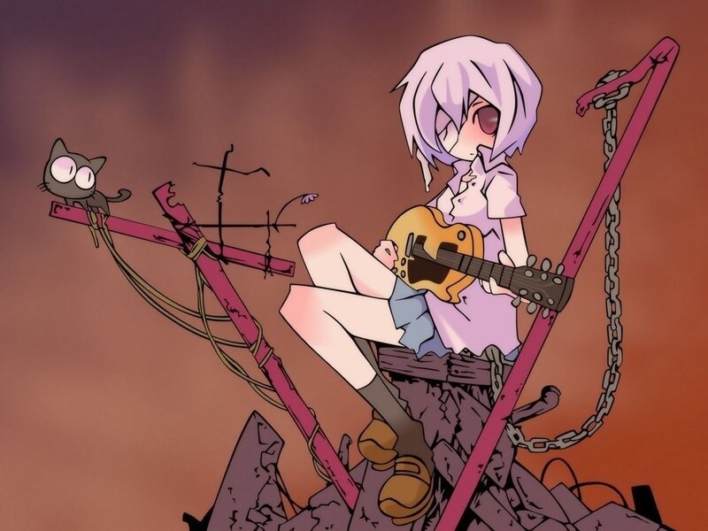 Anime girl with guitar on wreckage