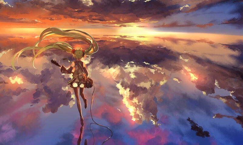 Anime Girl with Guitar — Orange, Dramatic, Sunset, Digital Art