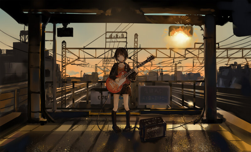 Anime Girl with Guitar — Orange, Dramatic, Sunset, Digital Art, Train Tracks