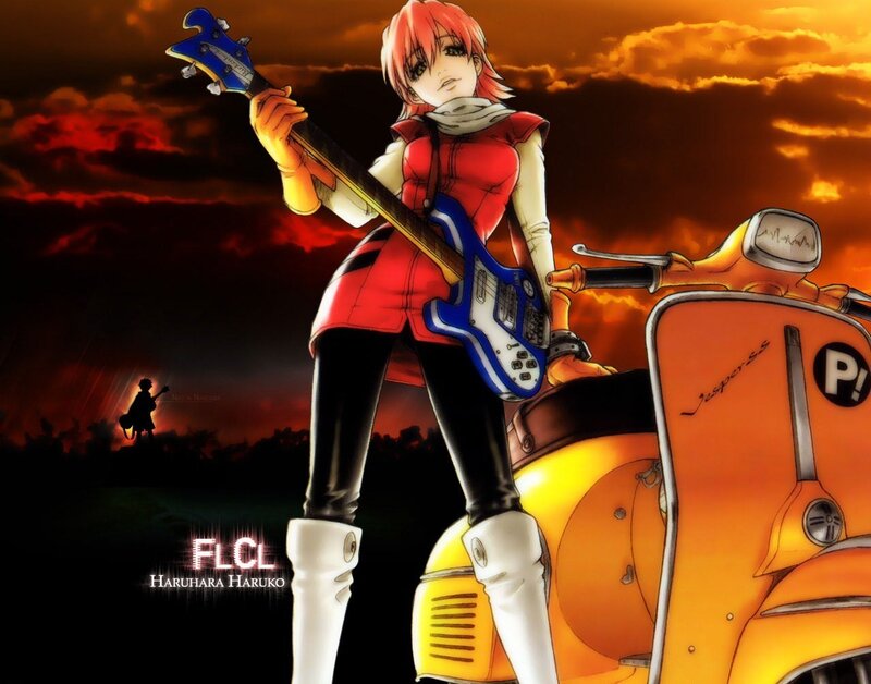 Anime Girl with Guitar — Orange, Dramatic, Sunset, Scooter, Silhouette