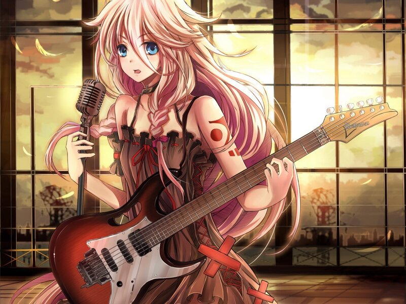 Anime Girl with Guitar — Pink, Dramatic, Sunset, Microphone