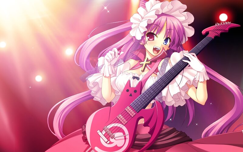 Anime Girl with Guitar — Pink, Energetic, Stage Lights, Flower