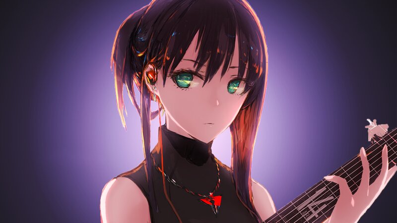 Anime Girl with Guitar — Purple, Dramatic, Digital Art, Earring