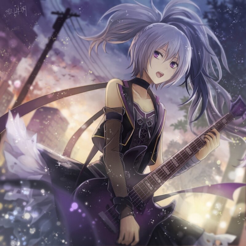 Anime Girl with Guitar — Purple, Dramatic, Night, Digital Art, Cityscape