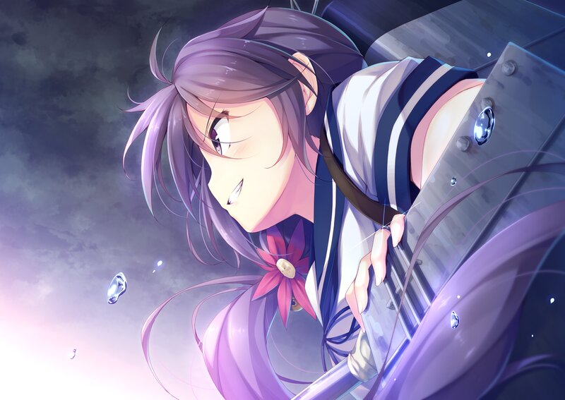 Anime Girl with Guitar — Purple, Dramatic, Night, Digital Art, Flower, Raindrop