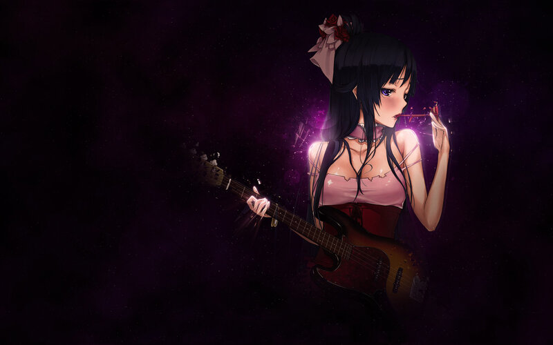 Anime Girl with Guitar — Purple, Dramatic, Night, Digital Art, Rose