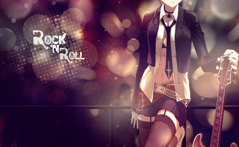 Anime Girl with Guitar — Purple, Dramatic, Night, Digital Art, School Uniform