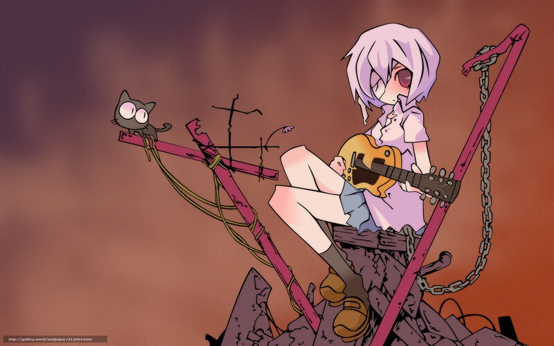 Anime Girl with Guitar — Purple, Dramatic, Sunset, Cat
