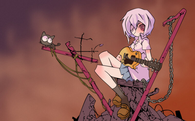 Anime Girl with Guitar — Purple, Dramatic, Sunset, Digital Art, Cat