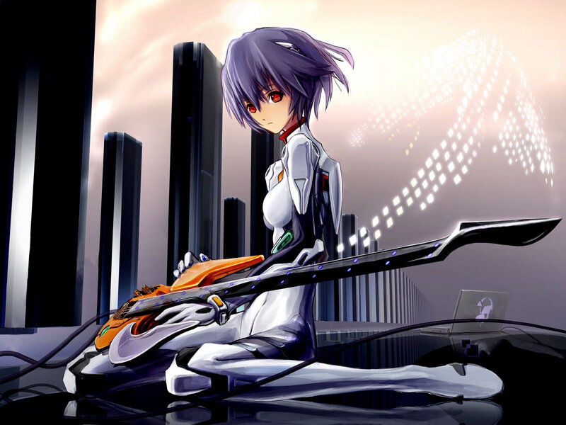 Anime Girl with Guitar — Purple, Dramatic, Sunset