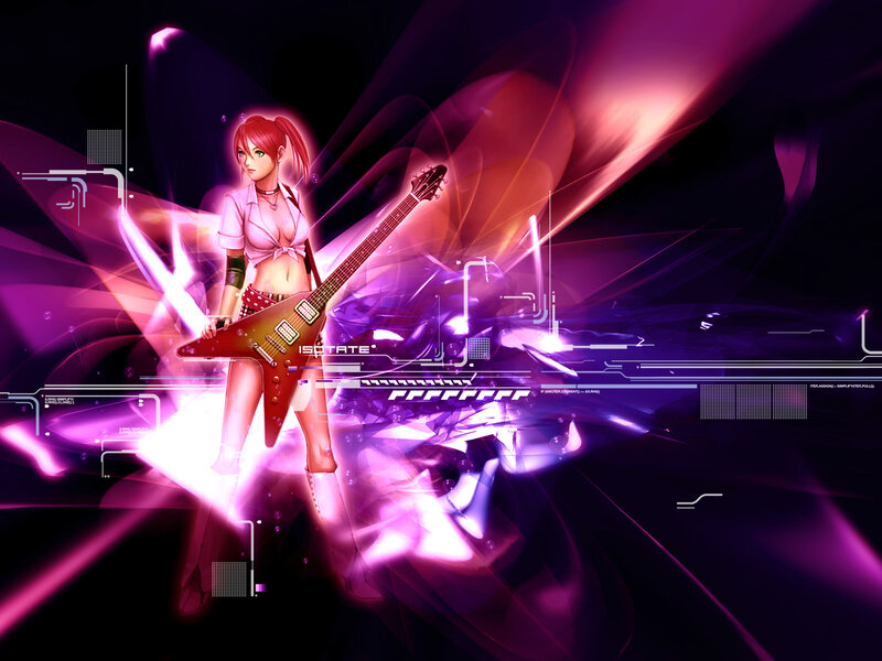 Anime Girl with Guitar — Purple, Energetic, Digital Art, Digital Effects