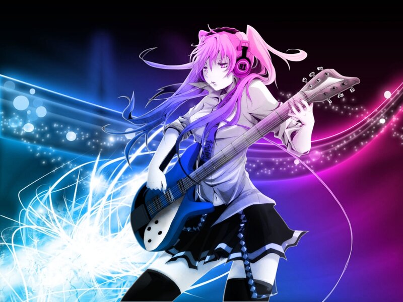 Anime Girl with Guitar — Purple, Energetic, Digital Art, Headphones, Light Effects