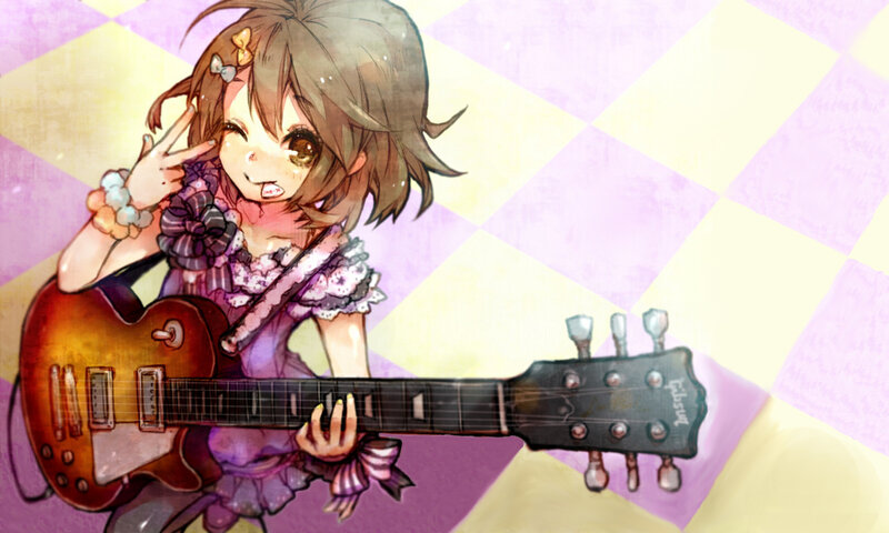 Anime Girl with Guitar — Purple, Playful, Digital Art, Peace Sign, Dress, Yellow