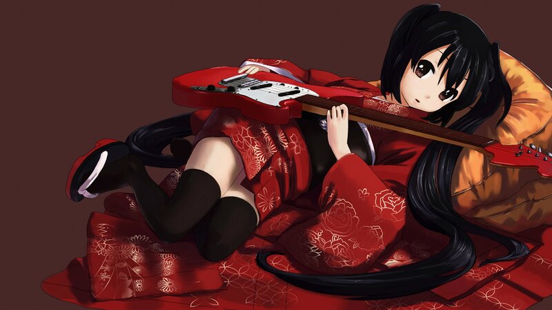 Anime Girl with Guitar — Red, Calm, Kimono, Pillow