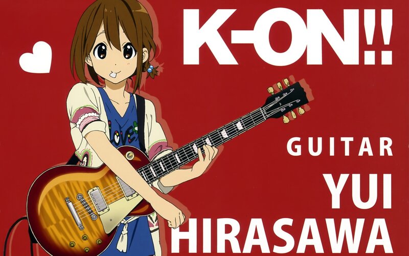 Anime Girl with Guitar — Red, Cheerful, Heart, Text, Brown