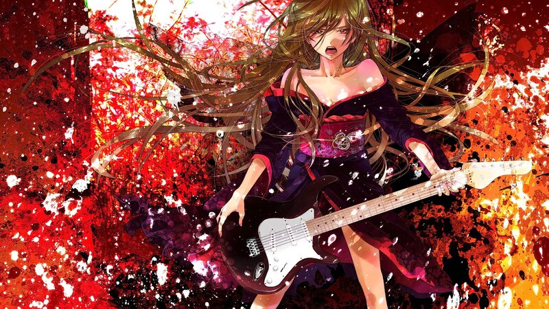 Anime Girl with Guitar — Red, Dramatic, Digital Art, Long Hair, Splatter