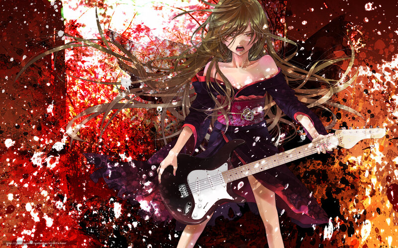 Anime Girl with Guitar — Red, Dramatic, Digital Art, Long Hair