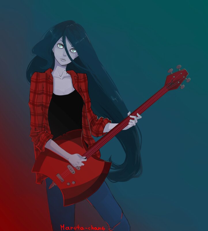 Anime Girl with Guitar — Red, Dramatic, Digital Art, Plaid Shirt