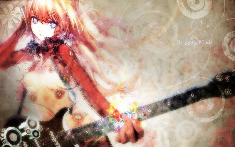 Anime Girl with Guitar — Red, Dramatic, Digital Art