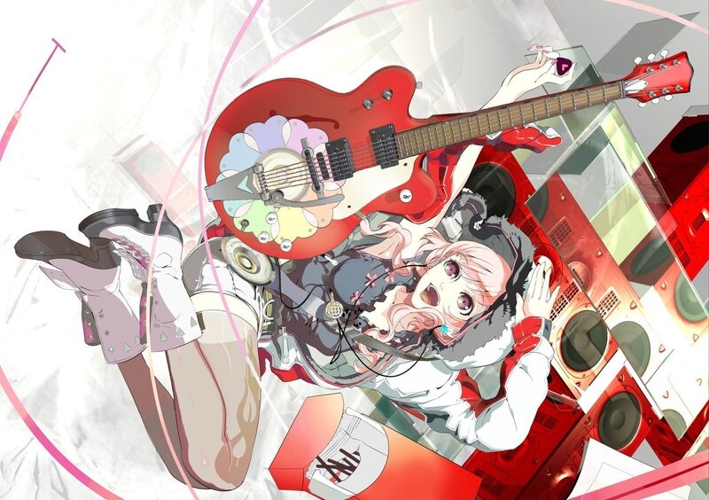 Anime Girl with Guitar — Red, Dynamic, Digital Art, Speaker