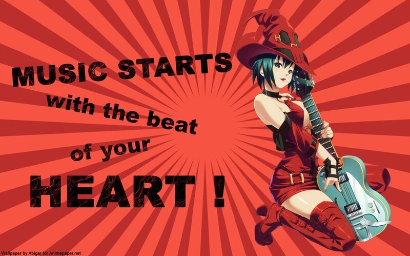 Anime Girl with Guitar — Red, Energetic, Hat