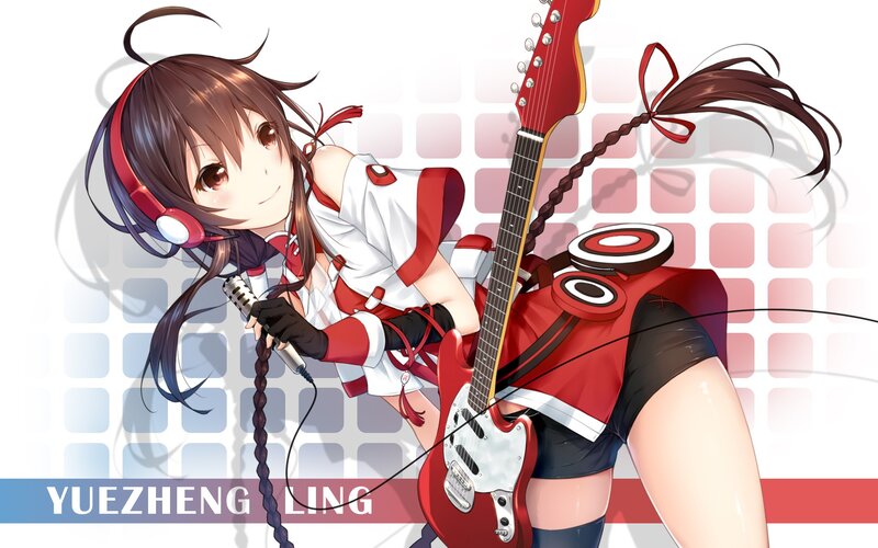 Anime Girl with Guitar — Red, Energetic, Headphones, Microphone