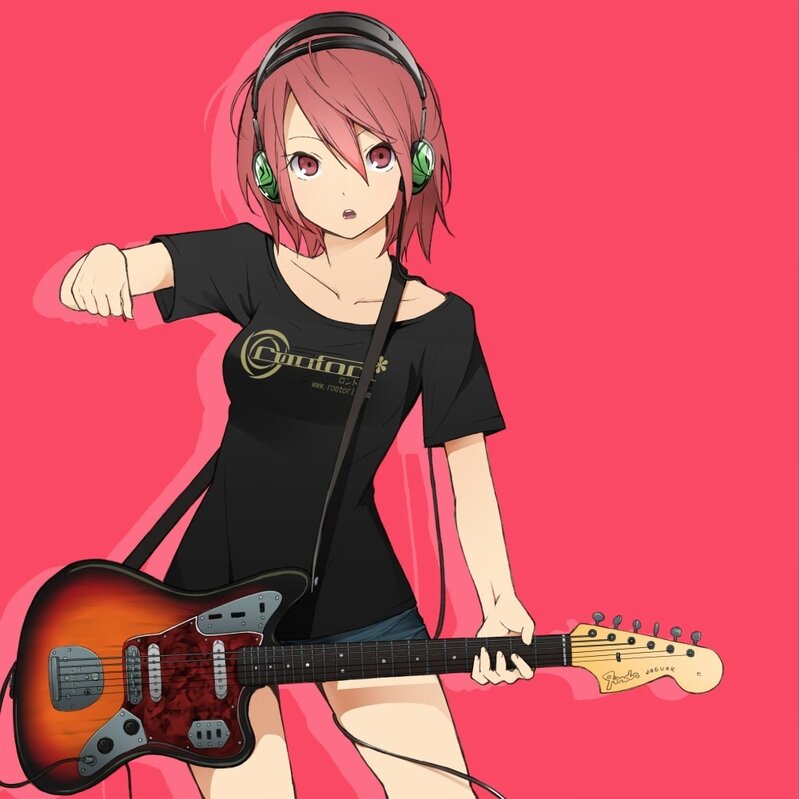 Anime Girl with Guitar — Red, Energetic, Headphones