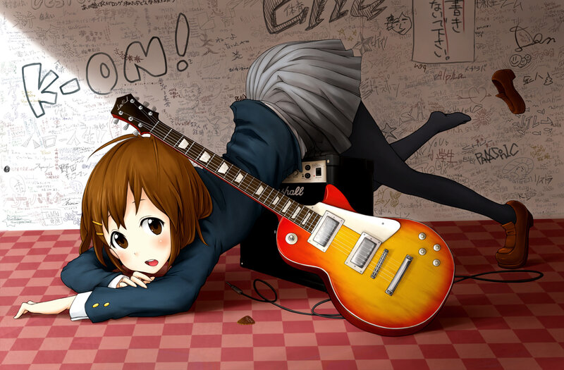 Anime Girl with Guitar — Red, Playful, Amplifier