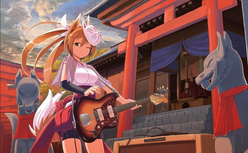 Anime Girl with Guitar — Red, Serene