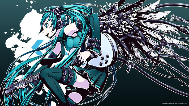 Anime Girl with Guitar — Teal, Dramatic, Digital Art