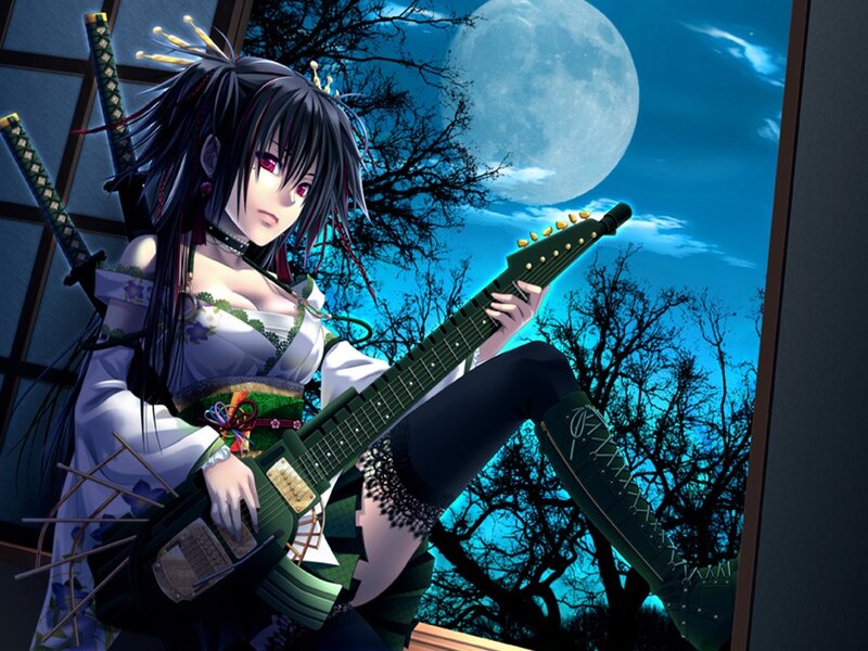 Anime girl with guitar under moon