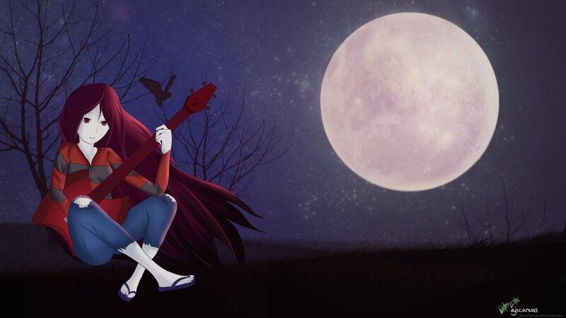 Anime girl with guitar under moon