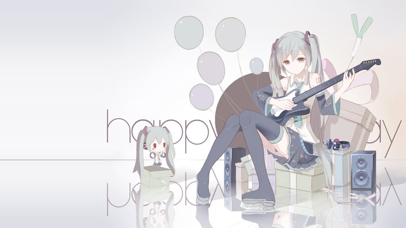 Anime Girl with Guitar — White, Calm, Digital Art, Balloons, Speaker