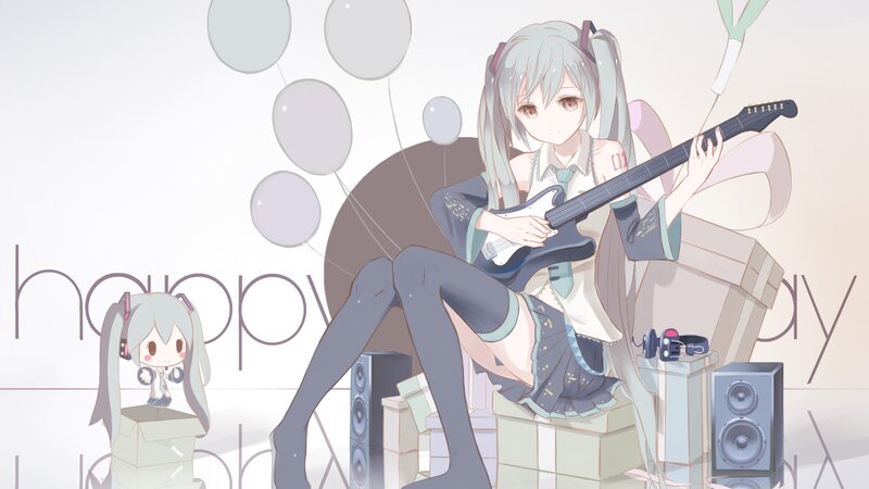 Anime Girl with Guitar — White, Calm, Digital Art, Balloons