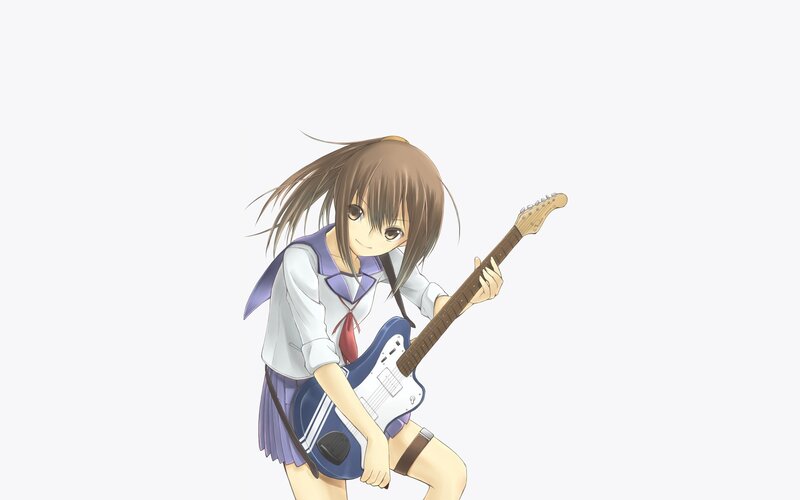Anime Girl with Guitar — White, Playful, School Uniform, Skirt