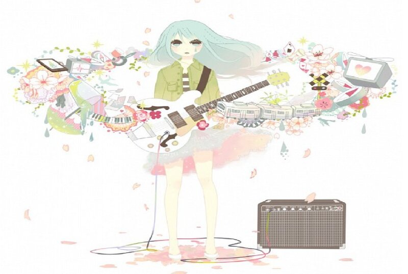 Anime Girl with Guitar — White