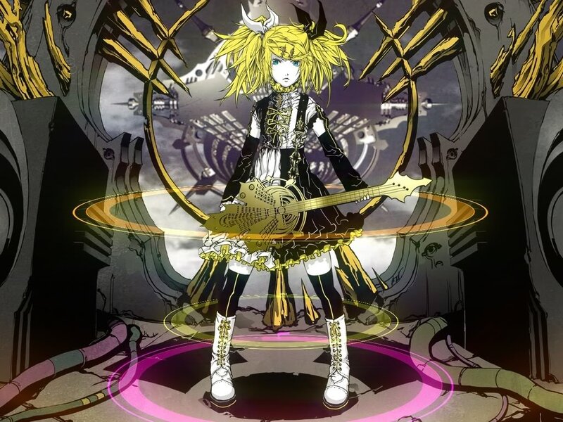 Anime Girl with Guitar — Yellow, Dramatic, Digital Art, Mechanical Structures