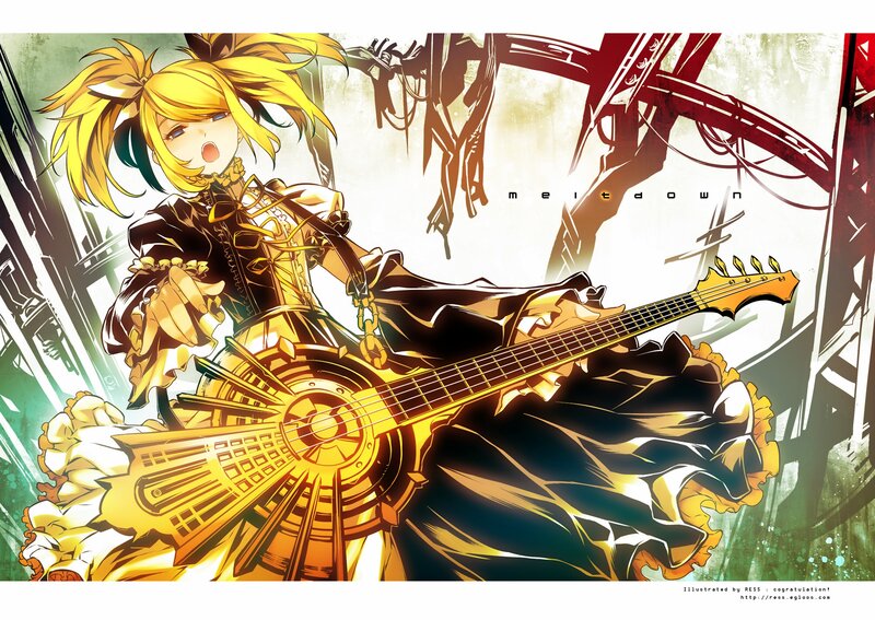Anime Girl with Guitar — Yellow, Dramatic, Digital Art