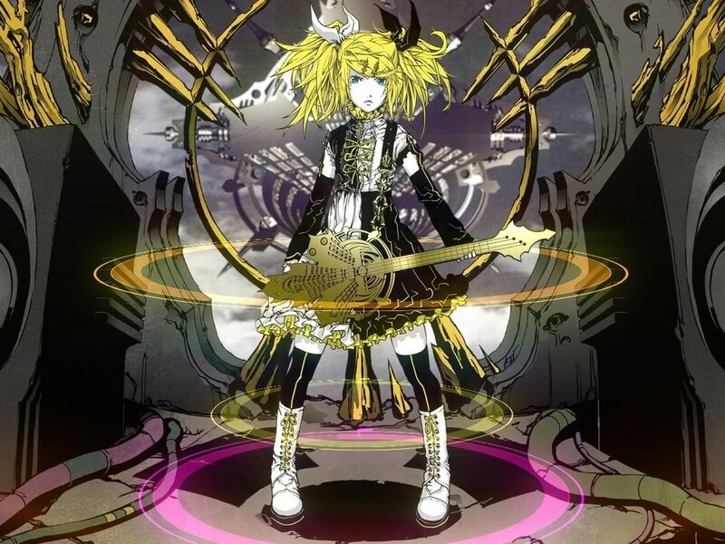 Anime Girl with Guitar — Yellow, Dramatic, Mechanical Background