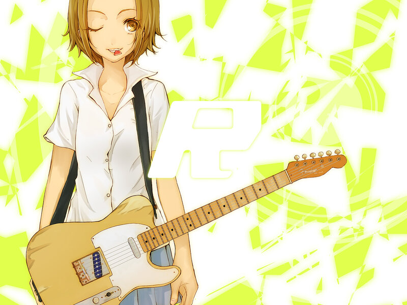 Anime Girl with Guitar — Yellow, Energetic, White Shirt