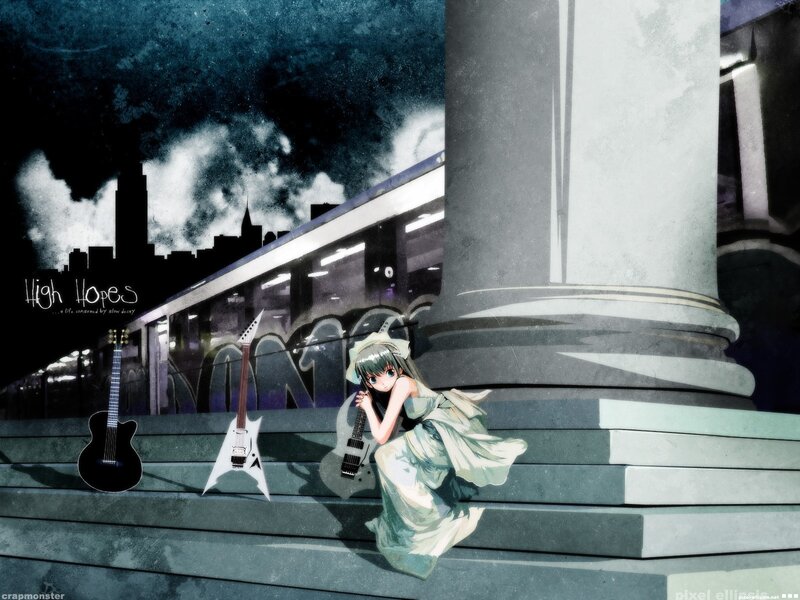 Anime girl with guitars on steps