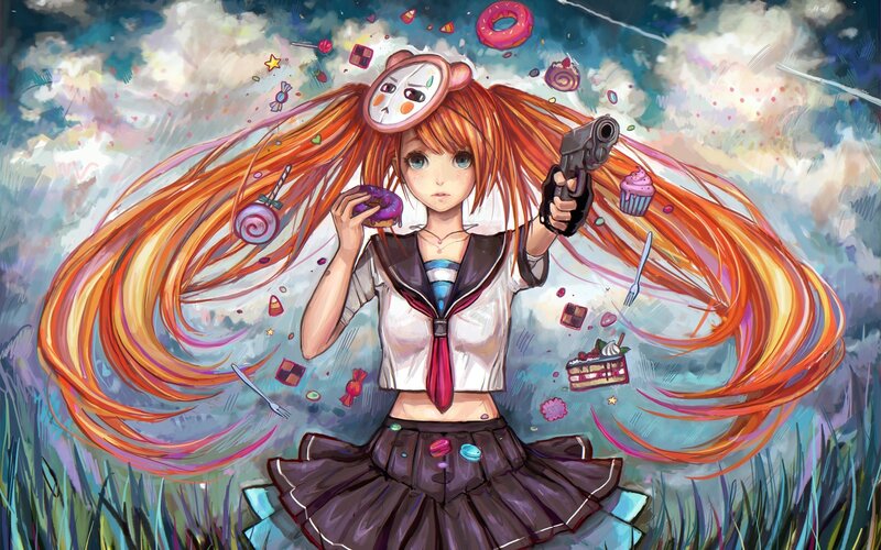 Anime girl with gun and candy