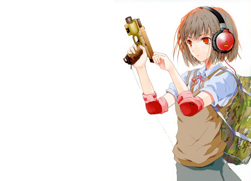 anime girl with gun and headphones
